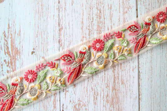Pink Floral Parrot Embroidered Trim, Pink White Floral Bird Net Lace, Indian Fabric Trim, Floral Saree Border, インド刺繍リボン, Price/mtr