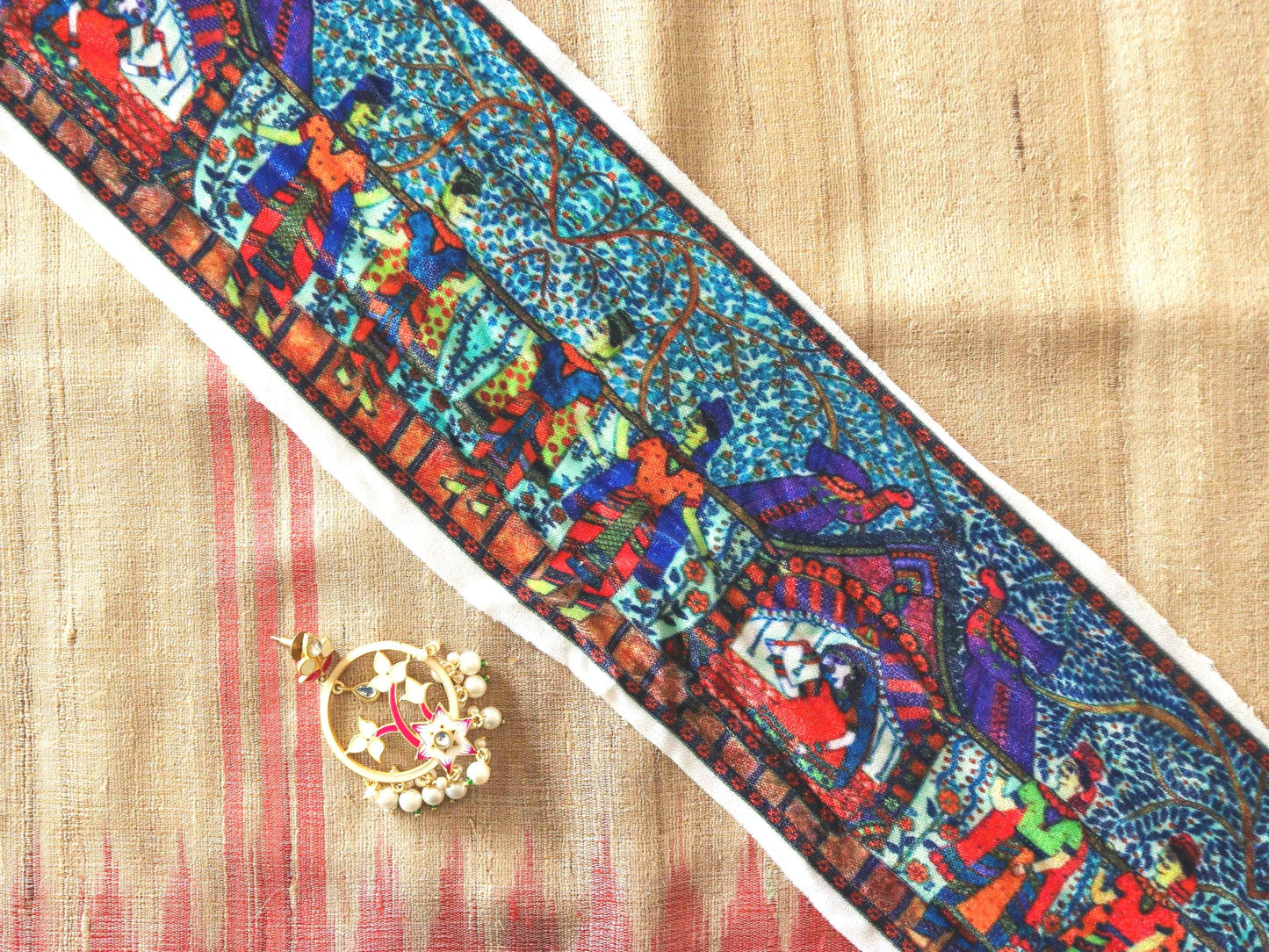 Wedding Procession Digital Print Trim, Blue Suede Indian Bride Border, Quirky Boho Digital Print Lace, Bridal Saree Border, Price/mtr