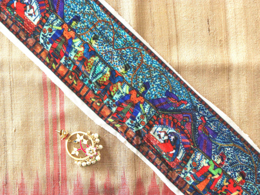 Wedding Procession Digital Print Trim, Blue Suede Indian Bride Border, Quirky Boho Digital Print Lace, Bridal Saree Border, Price/mtr