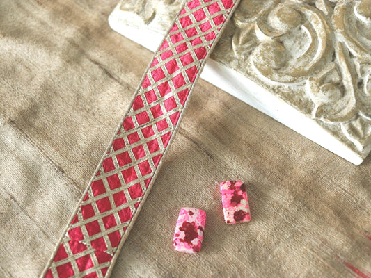 Pink Gold Gota Checks Trim, Handmade Gold Gota Border, Boho Gold Foil Lace, Indian Designer Trim, Gota Saree Border, Price/mtr