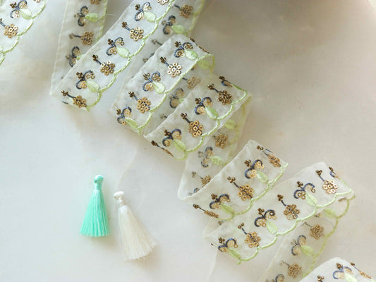 Green Gold Floral Embroidered Trim, Tissue Floral Border, Green Gold Organza Floral Lace, Indian Fabric Trim, Floral Saree Border, Price/mtr