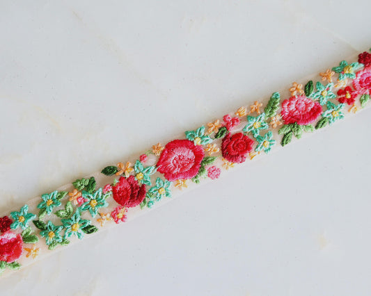 Pink Green Floral Net Trim,Embroidered Indian Fabric Border,Parsi Embroidery Lace,Pink Saree Border, インド刺繍リボン, Price/mtr,