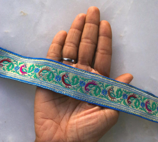 Blue Peacock Banarasi Brocade Trim, Indian Brocade Lace, Blue Banarasi Border, Peacock Parrot Trim, Designer Saree Border, Price/mtr
