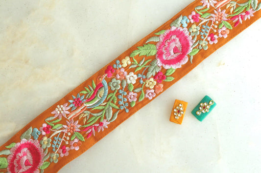 Orange Pink Bird Embroidered Trim, Floral Parrot Border, Orange Floral Bird Lace,Indian Parsi Floral Saree Border, インド刺繍リボン, Price/mtr