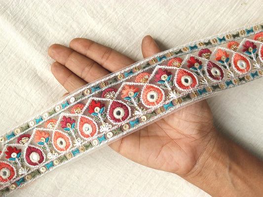 Peach Fuzz Floral Embroidered Trim,Mirror Sequin Floral Border,Berry Pink Net Lace,Indian Fabric Trim,Floral Saree Border,Price/mtr