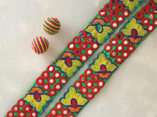 Multicolour Floral Embroidered Kutchi Trim, Indian Mirror Border, Red Green Mirror Lace, Tribal Boho Hippie Saree Border, Price/mtr