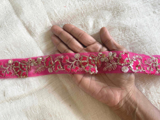Pink Gold Floral Embroidered Trim, Pink Gold Sequin Net Border, Pink on Pink Lace, Indian Trim, Pink Gold Saree Border, Price/mtr, インド刺繍リボン