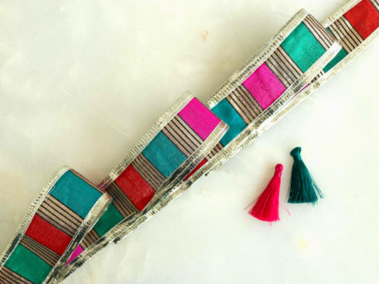 Pink Blue Silver Stripe Trim, Red Green Festive Printed Border, Boho Designer Bridal Lace, Stripe Gota Saree Border, Price/mtr