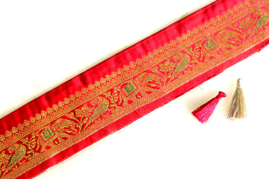 Red Parrot Elephant Banarasi Trim, Handmade Red Banarasi Border, Indian Brocade Lace, Designer Red Bird Saree Border, Price/mtr