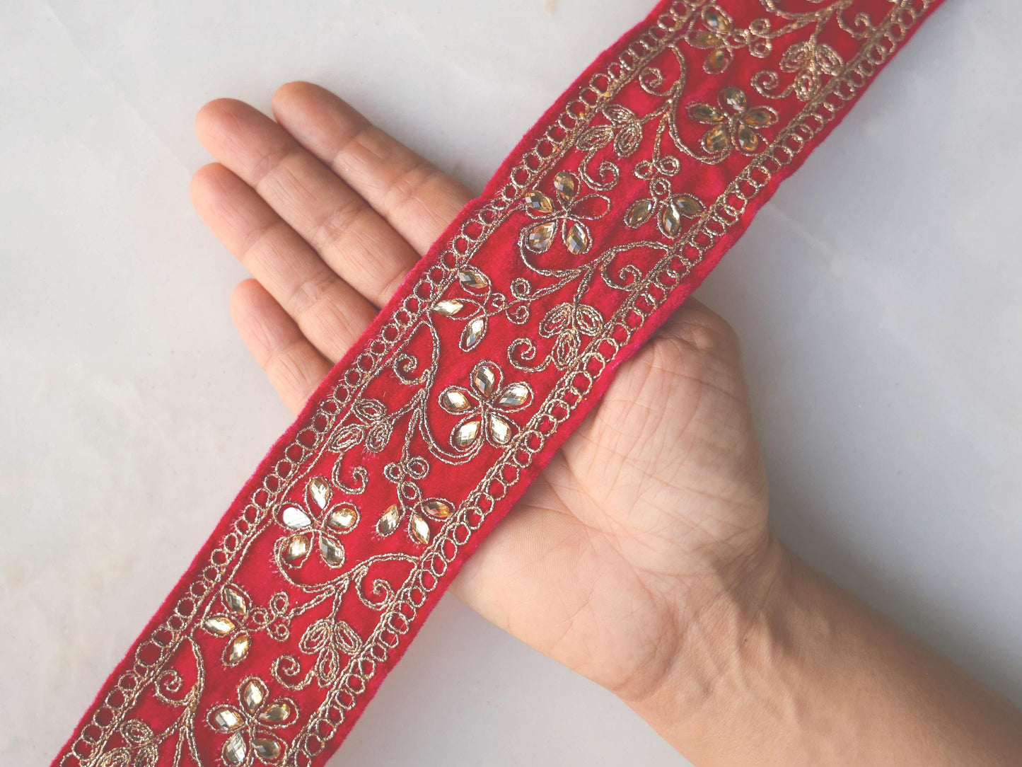 Pink Gold Velvet Floral Trim, Indian Embroidered Fabric Border, Pink Gold Floral Diamante Lace, Pink Saree Border, Price/mtr